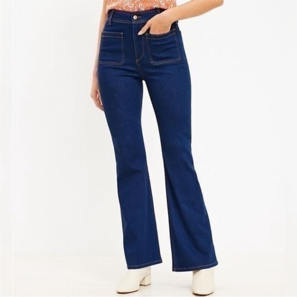 LOFT Blue Wide Leg Jeans Patch Pocket Slim Flare Dark Wash Retro